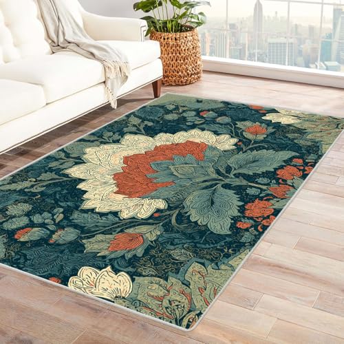 BOHUO moderner Kurzflor Teppich 3D Vintage Boho Retro Blumen ideal fürs Wohnzimmer, Schlafzimmer und Kinderzimmer auch als Badematte Carpet(Blau)-210x300cm von BOHUO