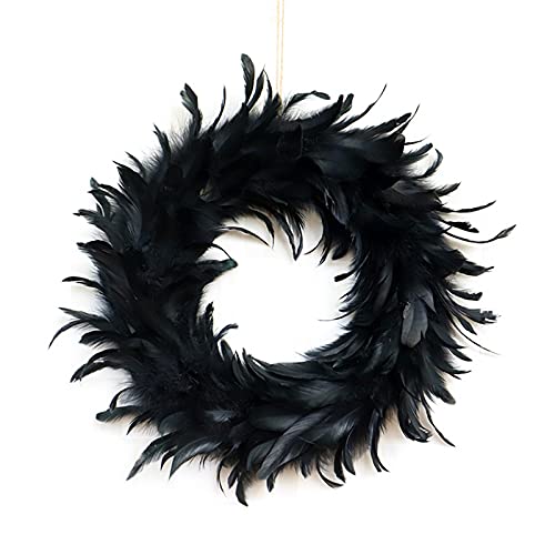 BOICXM Schwarzer Federkranz, 39,9 cm, schwarzer Cocktailfederkranz, natürliche Federkranz, Haustürkranz für Halloween-Dekorationen von BOICXM