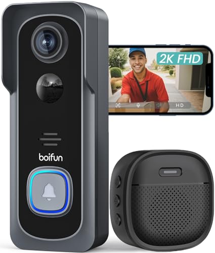 BOIFUN Video Türklingel mit Kamera, Funk Innenklingel Set - 166° Blickwinkel, 2K HD-Video, Nachtsicht, Bewegungserkennung und Alarme, Sprechanlage, Aussen Wasserdicht, Einfache Installation (WLAN) von BOIFUN