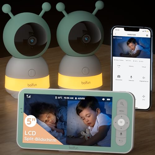 BOIFUN Babyphone mit 2 Kameras App, Split-Screen-Anzeige, 2K HD Bild, PTZ 355°/60°, 4×Zoom, Automatische Verfolgung, Weinen/Bewegungs/Geräuscherkennung, Temperatur und Feuchtigkeitsmessung von BOIFUN