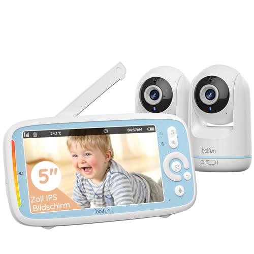 BOIFUN Babyphone mit 2 Kameras ohne WLAN, Intelligente Nachtsicht, Automatische Bildwechsel, PTZ 360° View, 5" IPS Babyfon, Zwei-Wege-Audio, VOX-Modus, Temperaturmessung, Wiegenlied, 300m Reichweite von BOIFUN