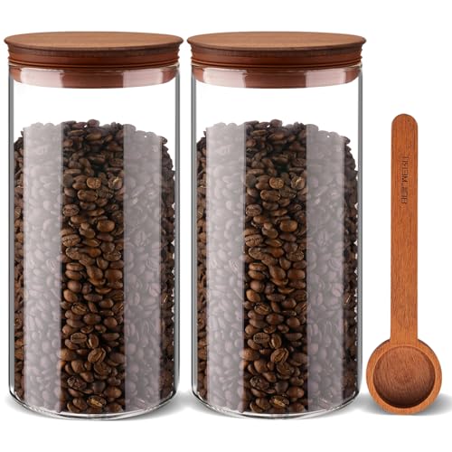 1500 ml Vorratsgläser mit Holz Deckel 2er Set, Vorratsdosen Glas mit Deckel Luftdicht und Schaufel für die Lagerung Kaffeebohnen, Weite Mund Vorratsglas für Kaffee Bar Veranstalter, Küchen Mehl von BOILMERIT