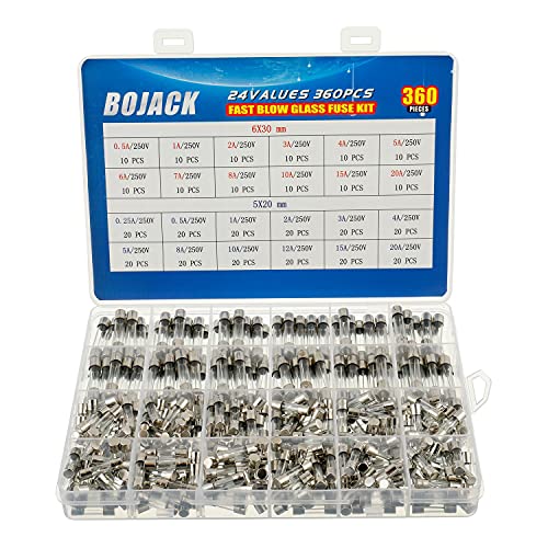 BOJACK 24 Werte 360 Stück Glas sicherungen Sortiment 5x20mm 250V 0,25 0,5 1 2 3 4 5 8 10 12 15 20A 6x30mm 250V 0,5 1 2 3 4 5 6 7 8 10 15 20A Paket in einer durchsichtigen Kunststoffbox von BOJACK