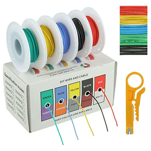 BOJACK 28 AWG Silikonkabel-Set, Verzinnter Kupferlitzendraht 300 V Silikon Elektrischer Draht Kabel Kit 20 φ2mm Schläuchen (5 Farben, je 10 Meter, 28 AWG), Für DIY Modelle Haushaltsgeräte Usw von BOJACK
