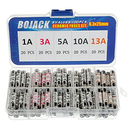 BOJACK 5 Werte 100 Stück 1 3 5 10 13 A Amp 240 V Volt Haushalts Netzstecker sicherung 6,3 x 25 mm 0,25 x 1 Zoll BS1362 Keramikrohr Patronen sicherungen Sortiment Kit BOJACK 5 Werte 100 Stück 1 3 5 10 13 A Amp 240 V Volt Haushalts Netzstecker sicherung 6,3 x 25 mm 0,25 x 1 Zoll BS1362 Keramikrohr Patronen sicherungen Sortiment Kit von BOJACK