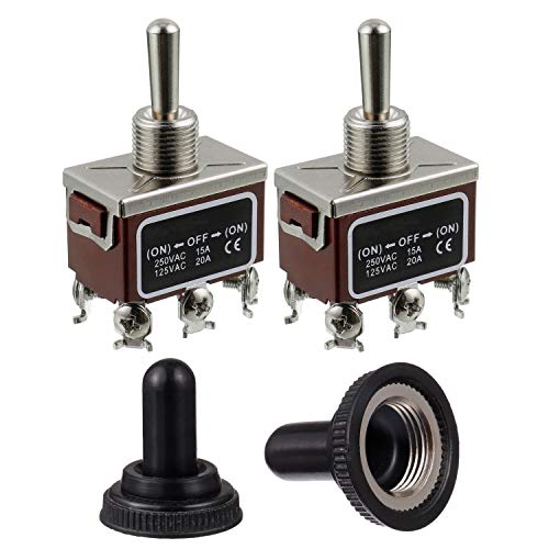 BOJACK RT1322FS Kippschalter 125 V 20 A automatische Rückstellschalter 250 V 15 A DPDT EIN-AUS-EIN 6 Klemmenstift Wippschalter mit wasserdichter Metallkappe (Packung mit 2 Stück) von BOJACK