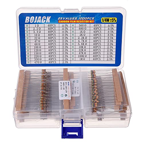 BOJACK Widerstände Sortiment Kit 1 Ohm - 1M Ohm 1/4W Carbon Film Widerstand Resistor Kit (25 Werte 1000 Stück) von BOJACK