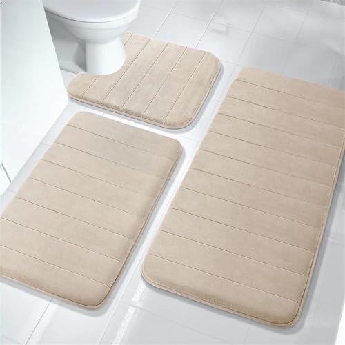 3-teilige Badematten-Sets, 44,1 x 24 + 31,5 x 19,8 und U-förmig, for Badezimmerteppiche, rutschfest, bequem, Wasseraufnahme, maschinenwaschbar(Beige) von BOJHGO