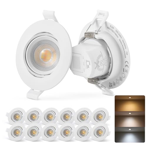 BOJIM LED Einbaustrahler Spots Flach 230V, 7W Deckenspots 68mm Lochmaß, IP65 Einbauleuchten Bad, Warmweiß Neutralweiß Kaltweiß, Drehbares Deckenleuchte für Küche Wohnzimmer, 12er Set Linsen-Spotlicht von BOJIM