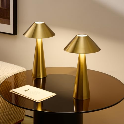 Drehbare Lampenschirmlampe Gold 2er-Pack, Akku Tischlampe Kabellos, Dimmbar LED Lampe mit Touch ohne Kabel, USB Aufladbar Batterie Leuchte, von BOJIM
