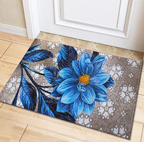 Fußmatte Rutschfester 45x70cm,Waschbar Schmutzfangmatte Fußmatte für den Innen und Außenbereich Küche Eingang(Blaue Blume) von BOJTAN