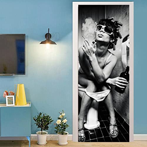 Türtapete Selbstklebend Türposter,Türtapete 3D Sexy Frau, die Toilette raucht Türfolie für Tür Wohnzimmer Schlafzimmer Küche und Bad 77x200cm PVC Abnehmbar WasserdichteTüraufkleber von BOJTAN