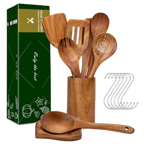 Holzlöffel zum Kochen, 9-teiliges Küchenutensilien-Set aus Holz mit Haken, natürliches Teakholz, Kochutensilien und Utensilienhalter Holzlöffel zum Kochen, 9-teiliges Küchenutensilien-Set aus Holz mit Haken, natürliches Teakholz, Kochutensilien und Utensilienhalter von BOKALAKA
