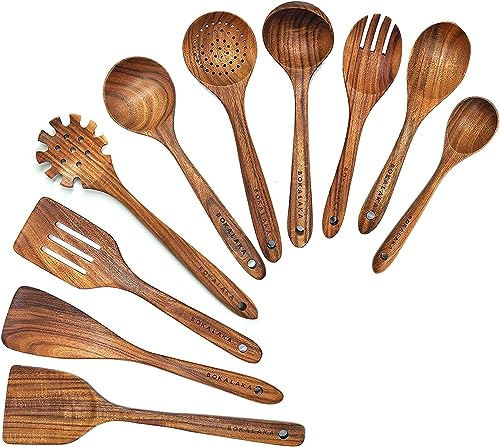 Holzlöffel zum Kochen, Holz-Kochutensilien, 10-teiliges Küchenutensilien-Set, Holzutensilien zum Kochen, 100% natürliches Teakholz, Holzspatel zum Kochen von BOKALAKA