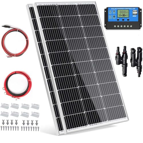 BOKENTIO 200W（2 * 100W） Solarpanel 12V Monokristallines Solarpanel-Kit 2 * 100 Watt Solarmodul + 20 A Laderegler für netzunabhängige 12 Volt Energieladung für Wohnmobil, Boot, Wohnwagen, Haushalt von BOKENTIO