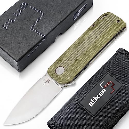 Böker Plus® Baba Yaga - klappbares Bushcraft- & Jagd-Messer mit Micarta Griff grün - Utility Knife mit Clip - Outdoor Backup Messer mit Flipper - Linerlock Taschenmesser mit Droppoint Klinge M390 von Böker Plus