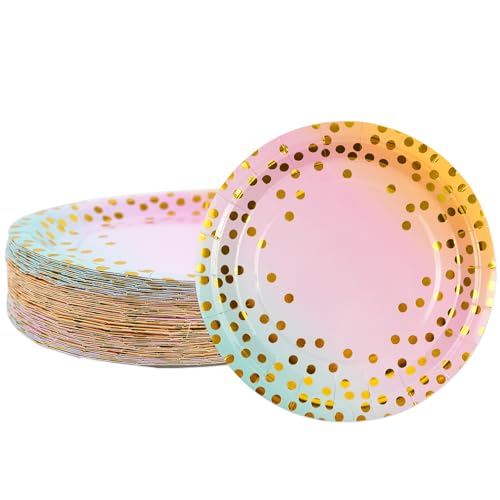 BOKFJBP 50 Stück Pappteller Gradient and Gold, 18cm Goldfolie Partyteller Teller Partygeschirr Papier Teller mit Gold Gepunktete zum Abschlussfeier Jubiläums Einweihungsfeier Kindergeburtstag von BOKFJBP