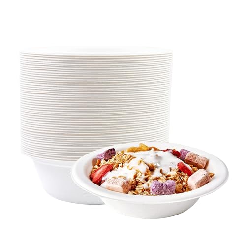 BOKFJBP 50Stück Weiß Einweg Suppenschalen, 260ML Einwegschalen Zuckerrohr Bagasse langanhaltender Wärmespeicherung Langlebige Suppenschalen für Zuhause Haushalt BBQs Picknicks Outdoor Essen von BOKFJBP