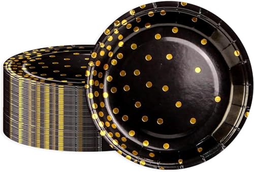 BOKFJBP Pappteller-50 Stück Partyteller Schwarzes Goldfolien-Tellerset 23cm Partygeschirr Set Abendessen Einwegteller Geschirr für Abschlussfeier Hochzeit Einweihungsparty Kindergeburtstag Party von BOKFJBP