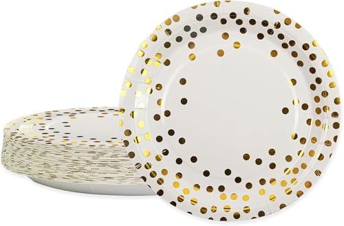 BOKFJBP Pappteller-50Stück Partyteller Goldfolie Teller Set 23cm Partygeschirr Set Weiß Gold Abendessen Einwegteller Geschirr für Graduierung Hochzeit Einweihungsfeier Kindergeburtstag von BOKFJBP