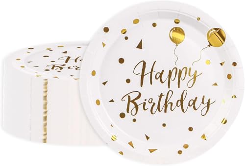 BOKFJBP Pappteller-50Stück Partyteller Goldfolie Teller Set 23cm Partygeschirr Set Weiß Gold Happy Birthday Abendessen Einwegteller Geschirr für Graduierung Hochzeit Einweihungsfeier Kindergeburtstag von BOKFJBP