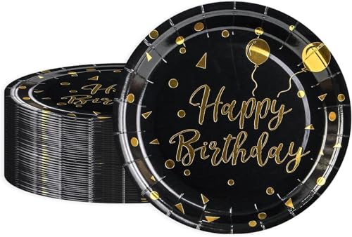 Pappteller-50pcs Partyteller Goldfolie Teller Set 23cm/9inch Partygeschirr Set Schwarzes Gold Happy Birthday Dinner Einwegteller Geschirr für Graduation Hochzeit Einweihungsparty Kindergeburtstag von BOKFJBP