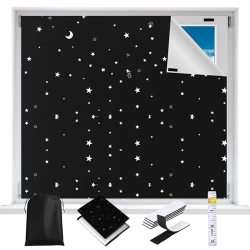 Verdunklungsrollo ohne Bohren 200x145cm, Fenster Verdunkelung Dachfenster Rollo mit Thermobeschichtung Tragbare Sonnenschutz Fenster Innen Verdunklungsfolie für Fenster, Sterne und Mond (2x1.45M) von BOKFJBP