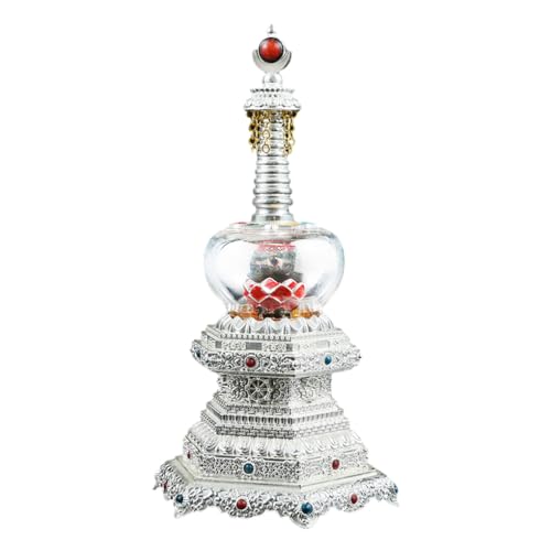 BOKIOESDE Dekorativer Turm Stupa, Exquisite Materialien, Geschenkauswahl, Glas und Legierungsmaterialien, Stupa Ornamente, tibetische Stupa, Helles Silber von BOKIOESDE