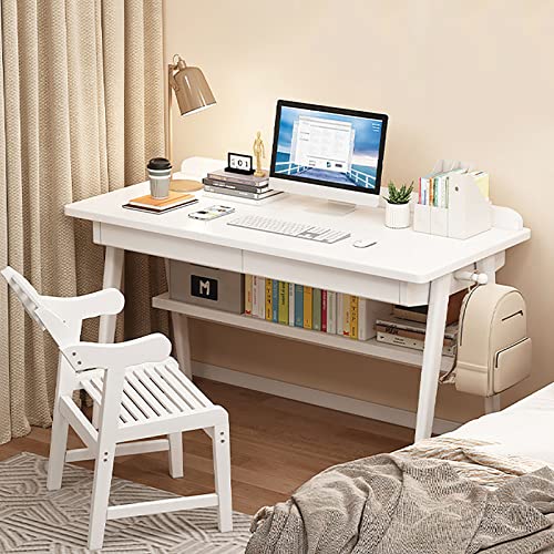 BOKNI Computertisch, natürlicher Bambus-Studentenschreibtisch mit 2 Schubladen und Ablageflächen, moderner, Schlichter Schreibtisch für das Heimbüro (39 Zoll, weiß) von BOKNI