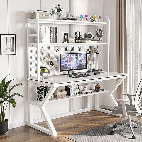 BOKNI Computertisch mit Bücherregal und Stecktafel, Home-Office-Schreibtisch, moderner Studentenschreibtisch, PC-Gaming-Schreibtisch, Arbeitstisch für platzsparendes Arbeiten (39 Zoll, weiß) von BOKNI
