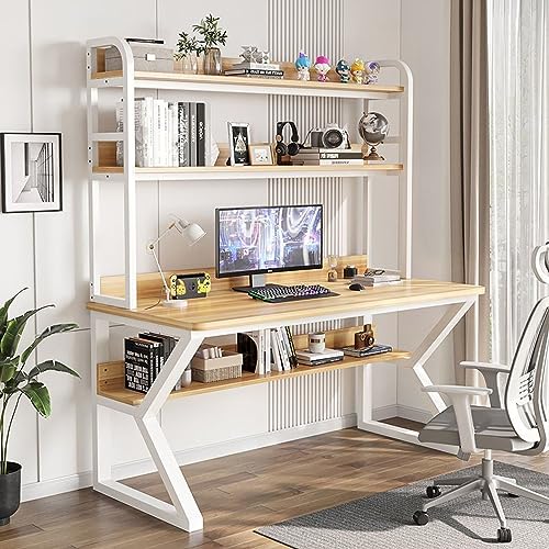 BOKNI Computertisch mit Schrank und Regal, PC-Studientisch, Heimbüro, Arbeitstisch für Erwachsene/Studenten (31 Zoll, Walnuss + weißer Rahmen) von BOKNI