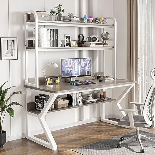 BOKNI Computertisch mit Schrank und Regal, PC-Studientisch, Heimbüro, Arbeitstisch für Erwachsene/Studenten (39 Zoll, grau + weißer Rahmen) von BOKNI