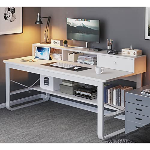 BOKNI Computertisch mit Schublade und Ablageflächen, moderner Studentenschreibtisch, Arbeitstisch, Heimbüro-Schreibtisch, kompakter Computer-Arbeitsplatz (47 Zoll, weiß) von BOKNI