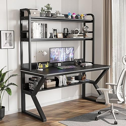 BOKNI Computertisch mit Stall und Regal, PC-Studientisch, Heimbüro, Arbeitstisch für Erwachsene/Studenten (47 Zoll, schwarz) von BOKNI