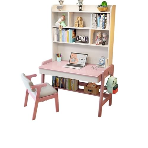 BOKNI Desktop-Computertisch aus massivem Holz mit Bücherregal, ideal für Heimbüro oder Schüler (Farbe: Rosa + Stuhl A, Größe: 100 x 60 x 193 cm) von BOKNI