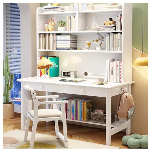 BOKNI Einfacher Schreibtisch aus Massivholz mit integriertem Bücherregal, ideal für das Heimbüro oder das Schlafzimmer (Farbe: Weiß, ohne Stuhl, Größe: 100 x 60 x 190 cm) von BOKNI
