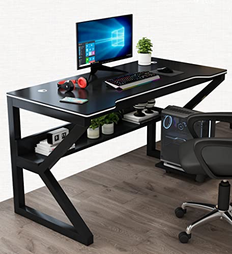 BOKNI Gaming-Schreibtisch, ergonomischer PC-Computertisch, K-förmiger Gamer-Schreibtisch mit Kohlefaseroberfläche, Kabelmanagement, Spielcomputertisch für das Heimbüro, Schwarz-L 140 cm von BOKNI