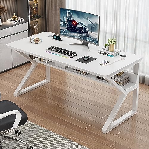 BOKNI Home-Office-Schreibtisch, Computertisch mit Ablagefächern, moderner, einfacher Arbeitstisch mit Metallbeinen (39 Zoll, weiß) von BOKNI