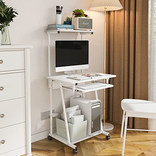 BOKNI Kleiner Computertisch mit Ablageflächen, tragbarer rollender Computertisch, Arbeitstisch, kompakter PC-Laptop-Arbeitsplatz für das Heimbüro (24 Zoll, weiß) von BOKNI