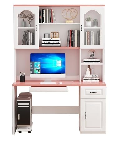 BOKNI Massivholz-Bücherregal und Schreibtisch mit integriertem Tisch, Schreibtisch für Mädchenzimmer, einfache Kombination aus Schreibtisch und Bücherregal (Farbe: Rosa 120 x 60 x 182,5 cm, Massiv von BOKNI
