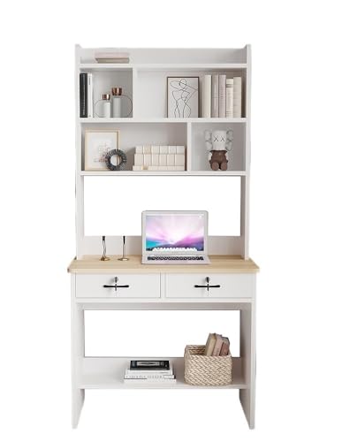BOKNI Massivholz-Schreibtisch und Bücherregal, integrierter Tisch, Schreibtisch für Studenten, Heimtisch für Mädchenzimmer (Farbe: 100 x 50 x 185 cm weiß + Walnuss) von BOKNI
