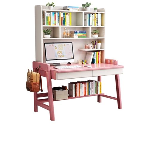 BOKNI Schreibtisch aus Massivholz mit integriertem Bücherregal, ideal für das Heimbüro oder das Schlafzimmer (Farbe: Rosa, Größe: 100 x 60 x 186 cm) von BOKNI