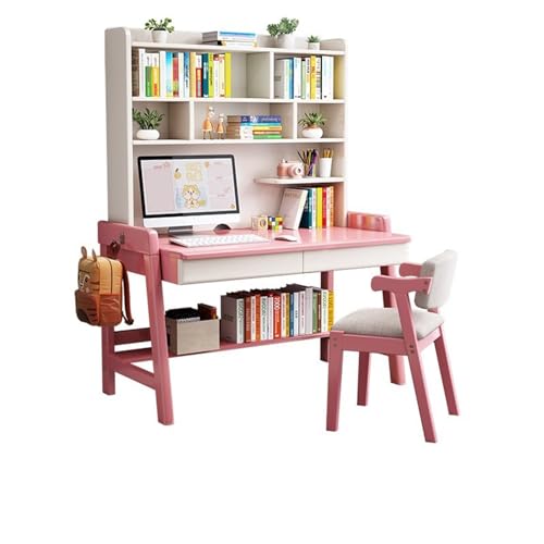 BOKNI Schreibtisch aus Massivholz mit integriertem Bücherregal, ideal für das Heimbüro oder das Schlafzimmer (Farbe: Rosa + Stuhl A, Größe: 100 x 60 x 186 cm) von BOKNI