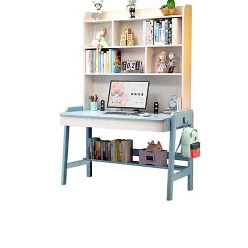 Desktop-Computertisch aus massivem Holz mit Bücherregal, ideal für das Heimbüro oder Schüler (Farbe: Blau, Größe: 120 x 60 x 193 cm) von BOKNI