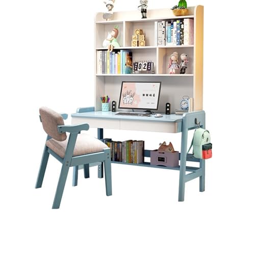 Desktop-Computertisch aus massivem Holz mit Bücherregal, ideal für das Heimbüro oder Schüler (Farbe: Blau + Stuhl A, Größe: 100 x 60 x 193 cm) von BOKNI