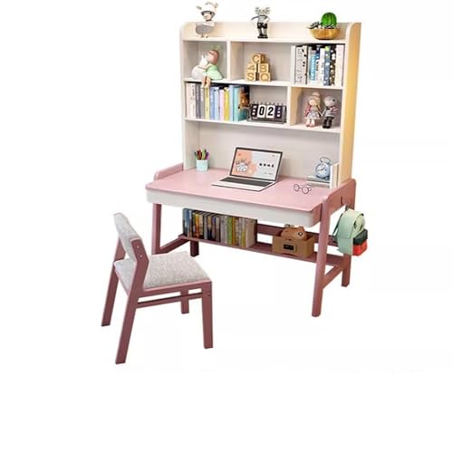 Desktop-Computertisch aus massivem Holz mit Bücherregal, ideal für das Heimbüro oder Schüler (Farbe: Rosa + Stuhl B, Größe: 100 x 60 x 193 cm) von BOKNI