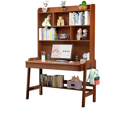 Desktop-Computertisch aus massivem Holz mit Bücherregal, ideal für das Heimbüro oder Schüler (Farbe: Walnuss+Stuhl B, Größe: 100 x 60 x 193 cm) von BOKNI