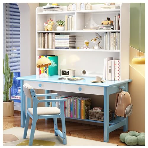 Einfacher Schreibtisch aus Massivholz mit integriertem Bücherregal, ideal für das Heimbüro oder das Schlafzimmer (Farbe: Blau, ohne Stuhl, Größe: 80 x 60 x 190 cm) von BOKNI
