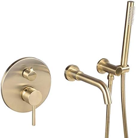 Gebürstetes Gold Badewanne Duscharmatur Wandmontage 360 ​​Rotation Auslauf Dusche Messing Handbrause Badezimmer Duschsystem Wasserhahn von BOKNI