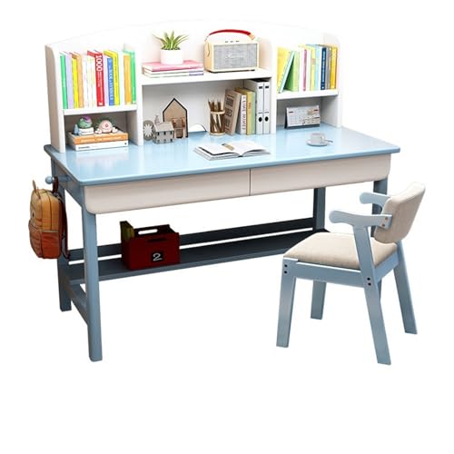 Kompakter Schreibtisch aus Massivholz mit integriertem Bücherregal, ideal für Schlafzimmer oder Arbeitsbereich (Farbe: Blau + Stuhl A, Größe: 120 x 60 x 110 cm) von BOKNI